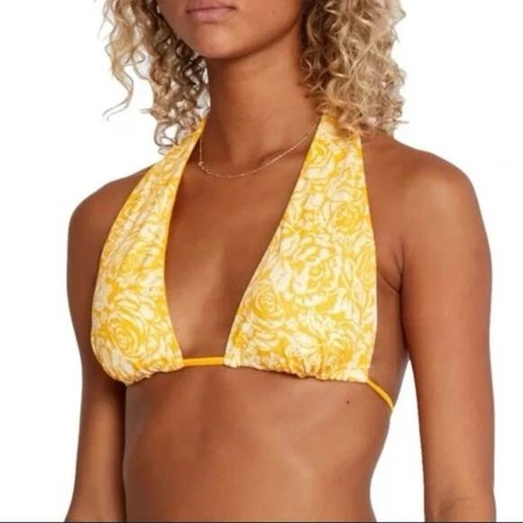 NWT RVCA Women's Reversible Yellow Floral and Striped Forever Halter Bikini Top - Picture 1 of 11